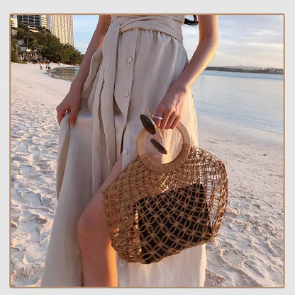 Woven Round Wooden Handle Casual Women's Handbag